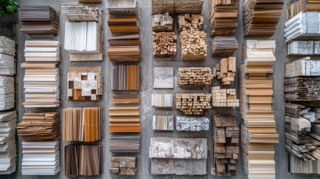 Aerial view of a massive storage area for various types of raw building materials.の素材