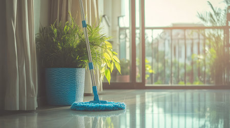 A clean and minimalist home featuring a blue mop near a bright balcony filled with lively greenery.の素材