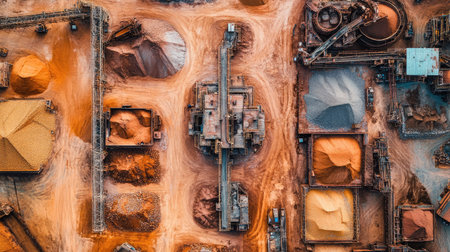 A dusty quarry lot with sections of gravel, sand, and crushed rock storage.の素材