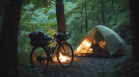 A dirt trail campsite with a well-packed bicycle resting near a glowing fire and pitched tent.の素材