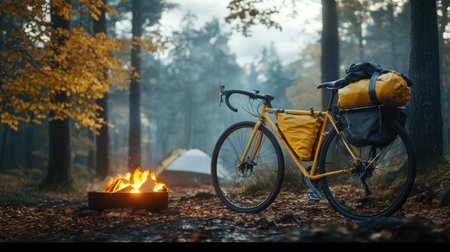 A camping bicycle with gear resting near an outdoor campsite with glowing embers in the fire pit.の素材