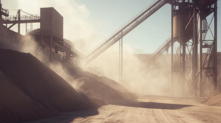 A dusty quarry lot with sections of gravel, sand, and crushed rock storage.の素材
