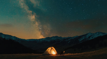 A cycling touring setup with a tent and fire pit glowing under a starry sky.の素材