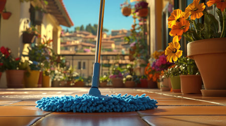 A bright morning cleaning scene with a blue mop on tiles and a lively balcony garden outside.の素材