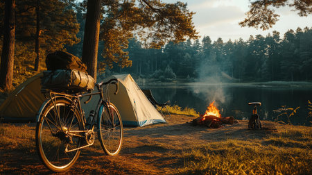 A fully loaded bikepacking bicycle parked near a cozy campsite with a fire and pitched tents.の素材
