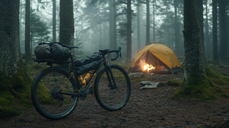 A fully loaded bikepacking bicycle parked near a cozy campsite with a fire and pitched tents.の素材