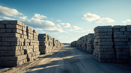 A quarry storage site filled with stacks of stone, sand, and gravel for building.の素材