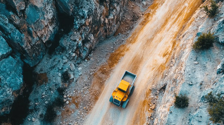 A quarry site with large sections of crushed rock, sand, and gravel for distribution.の素材