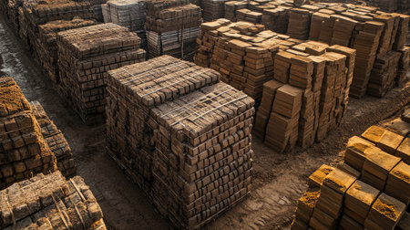Stacks of construction materials, including quarry dirt and fine sand, ready for use.の素材