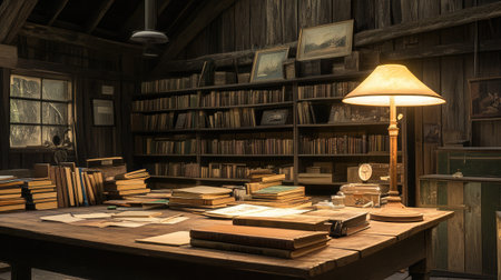 A cozy, book-filled workspace with a vintage wooden desk and a classic table lamp.の素材