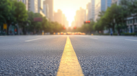 A wide city boulevard with a red light overhead, the asphalt empty and waiting for movement.の素材