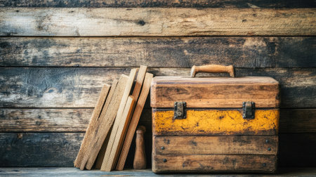 A toolbox sitting next to a stack of wooden planks, ready for a carpentry project.の素材