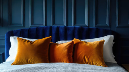 A stylish bed with an elegant velvet headboard, layered with decorative cushions and soft bedding.の素材