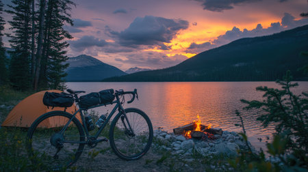 A fully loaded bikepacking bicycle parked near a cozy campsite with a fire and pitched tents.の素材