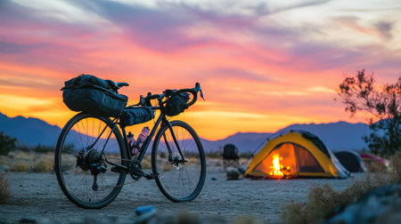 A touring bike with frame bags parked near a desert campsite with a warm fire illuminating tents.の素材