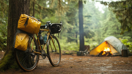 A touring bike with saddlebags leaning against a tree near a forest campsite with a burning fire.の素材