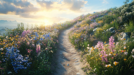 A dirt path weaves its way up a gentle hill, flanked by wildflowers in full bloom, under a golden, sunlit sky.の素材