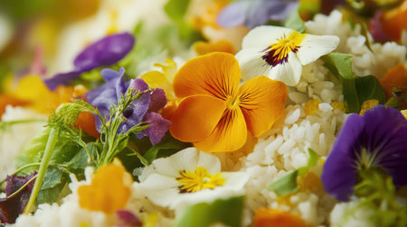 A close-up of delicious Northern fried rice garnished with fresh herbs and colorful vegetables.の素材