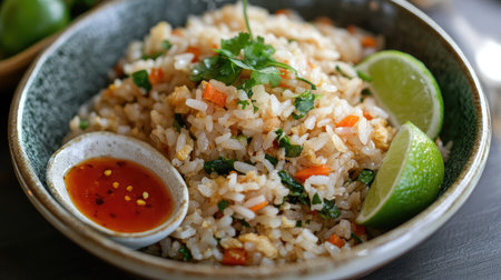 A beautiful, clean plating of Northern-style fried rice with a side of hot sauce and lime wedges.の素材