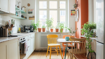 A bright and airy kitchen with wooden flooring and minimalist high chairs.の素材