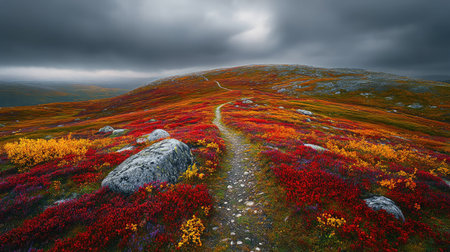 A hillside hiking path surrounded by red, yellow, and violet flowers, curving toward the sky under drifting clouds.の素材