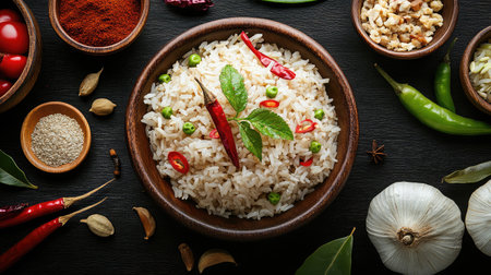 A freshly plated dish of Northern fried rice, surrounded by spices and fresh ingredients.の素材