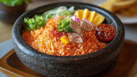 A serving of Northern fried rice in a traditional clay bowl with a side of hot chili sauce.の素材