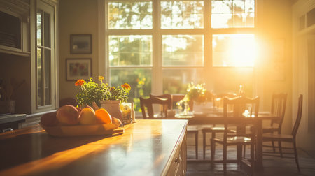 A polished wooden kitchen island with contemporary high chairs in a sunlit space.の素材