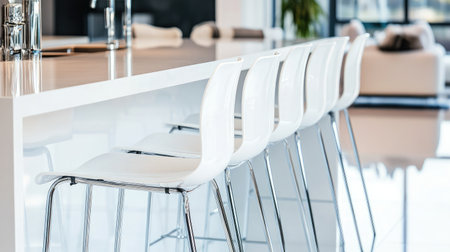 A row of white high chairs with sleek chrome legs surrounding a high-end kitchen island.の素材