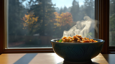 A steaming bowl of Northern-style fried rice, with a blend of rich flavors and aromatic herbs.の素材