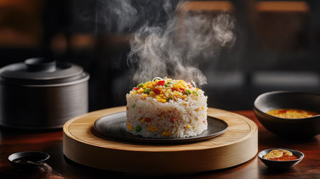 A wooden table set with a steaming plate of Northern fried rice and a bowl of spicy sauce.の素材