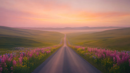 A tranquil country road winding past lush meadows and wildflowers, disappearing into the horizon under a pastel sky.の素材
