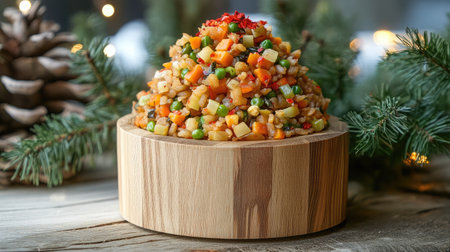 A wooden bowl of Northern-style fried rice with bright green onions and red chili flakes.の素材