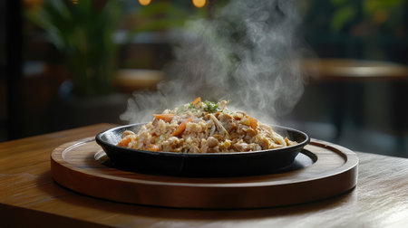 A wooden table set with a steaming plate of Northern fried rice and a bowl of spicy sauce.の素材