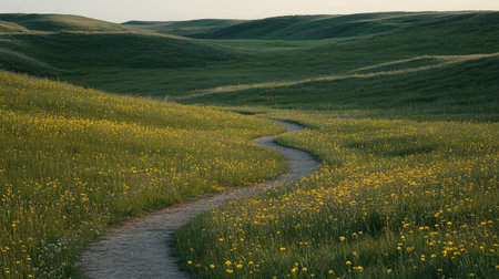 A winding footpath through rolling green fields, where wildflowers bloom beneath the soft glow of afternoon light.の素材