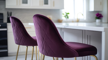Luxurious high chairs with velvet seats and brass legs in a chic, modern kitchen space.の素材