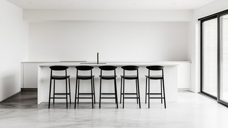 Minimalist black high chairs perfectly aligned at a glossy, white kitchen bar.の素材