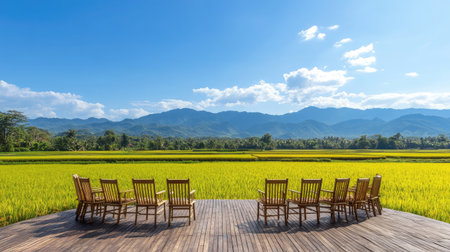 A circle of wooden chairs on a wooden deck overlooking lush green rice fields and towering mountains under a bright blue sky.の素材