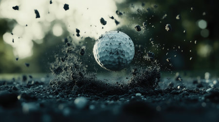 A golf ball barely leaving the ground after being hit, with small dirt clumps breaking apart in the background.の素材