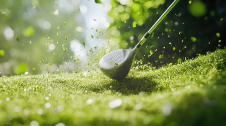 Ball just before launch, with golf club making impact and grass clippings scattering in the frame.の素材