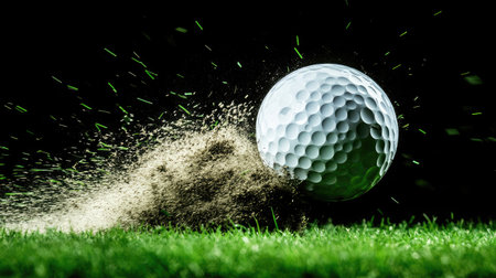 Golf ball in motion, caught mid-flight after impact, with grass particles and dirt lifted into the air.の素材