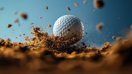 Frozen shot of a golf ball just after impact, as dirt and turf are thrown upward from the swing.の素材