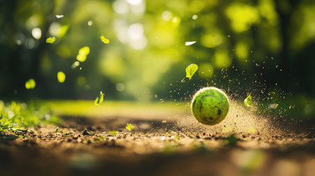 Ball in mid-spin after impact, with vibrant green grass torn from the ground and caught in motion.の素材