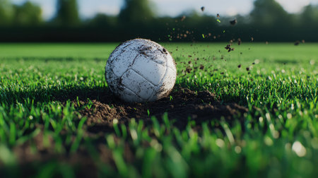 Close-up of a wedge digging into the turf as it lifts the ball, with grass and soil fragments flying.の素材