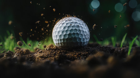 Ultra-slow-motion capture of a golf ball's launch, with particles of grass and soil flying dynamically.の素材