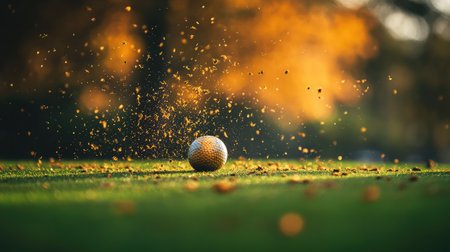 The power of a golf drive captured in action, with debris and flying grass adding energy to the frame.の素材