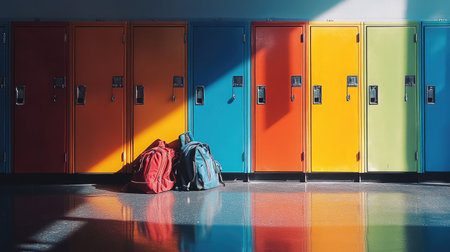 A row of colorful metal lockers with backpacks scattered along the polished floor.の素材