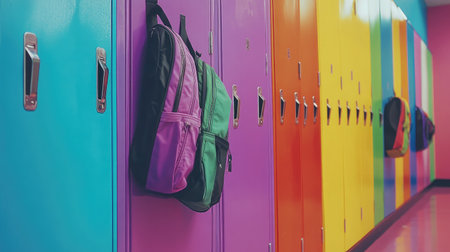A row of closed colorful lockers with backpacks leaning against them in a school hallway.の素材