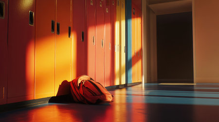 Bright school hallway with lockers painted in a variety of colors and backpacks placed below.の素材