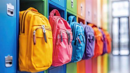 A well-lit school hallway showcasing neatly arranged backpacks against colorful lockers.の素材